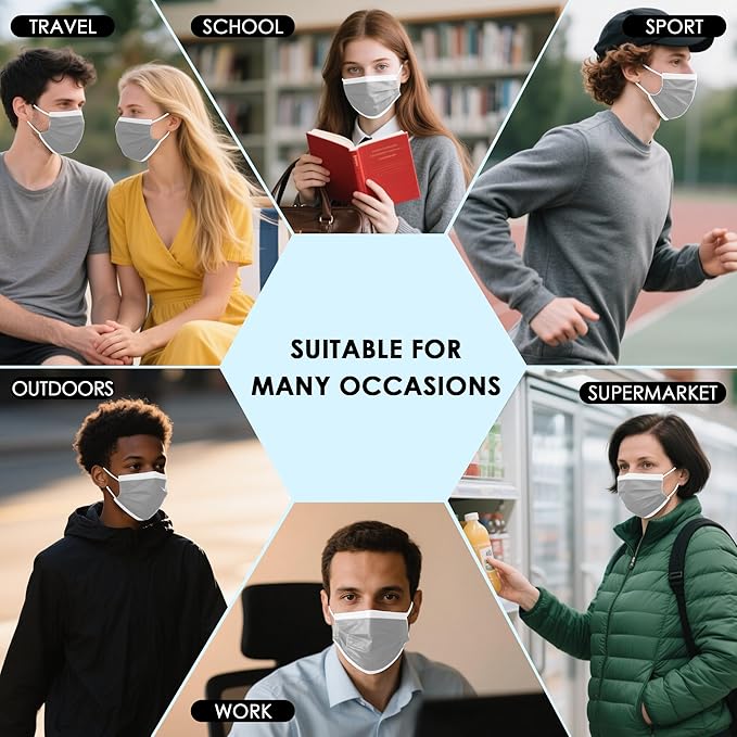 NNPCBT Grey Disposable Face Masks 125 Pack, 3-Ply Breathable Mask - Image 6