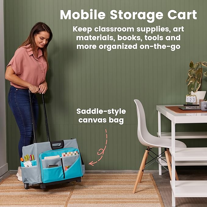 ECR4Kids Universal Rolling Cart with Canvas Organizer Bag, Mobile Storage, Turquoise/Grey
