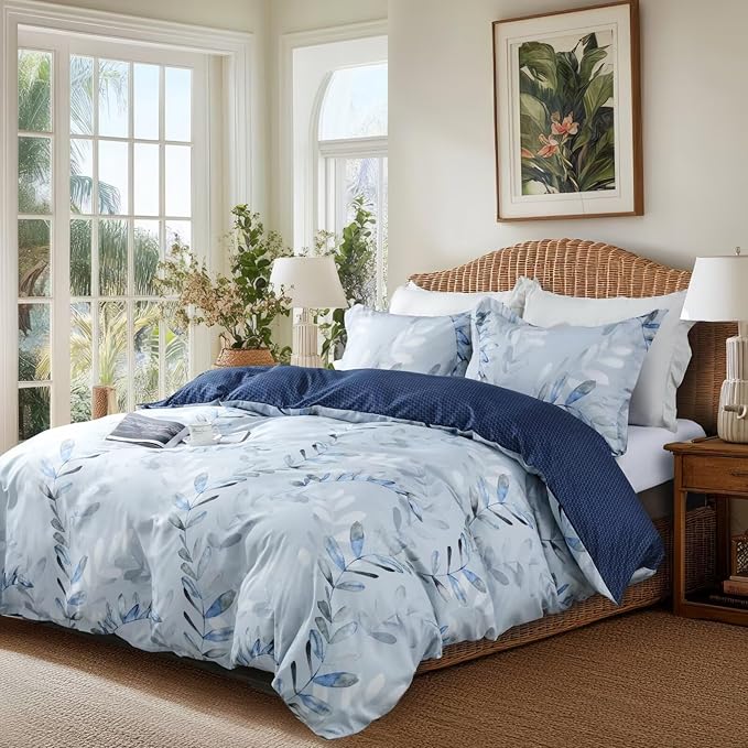OAITE Duvet Cover Queen Size, Reversible Leaf Blue Duvet Cover Set - Image 3