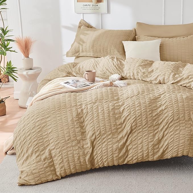 HYMOKEGE Khaki King Size Comforter Set Seersucker 7 Pieces, All Season Luxury - Image 2