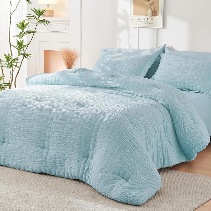 HYMOKEGE Lake Blue Full Size Comforter Sets Seersucker 7 Pieces, All Season - Image 8