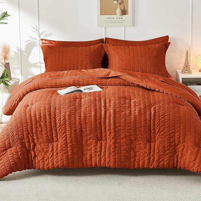 HYMOKEGE Burnt Orange California King Comforter Set Seersucker 7 Pieces - Image 8