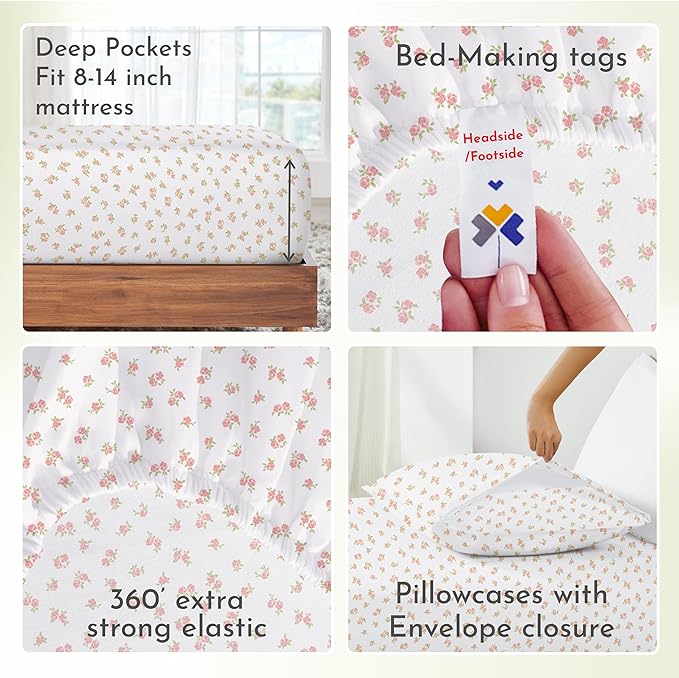 California Design Den Floral Pattern Bed Sheet Set Queen Size, 100% Cotton - Image 7