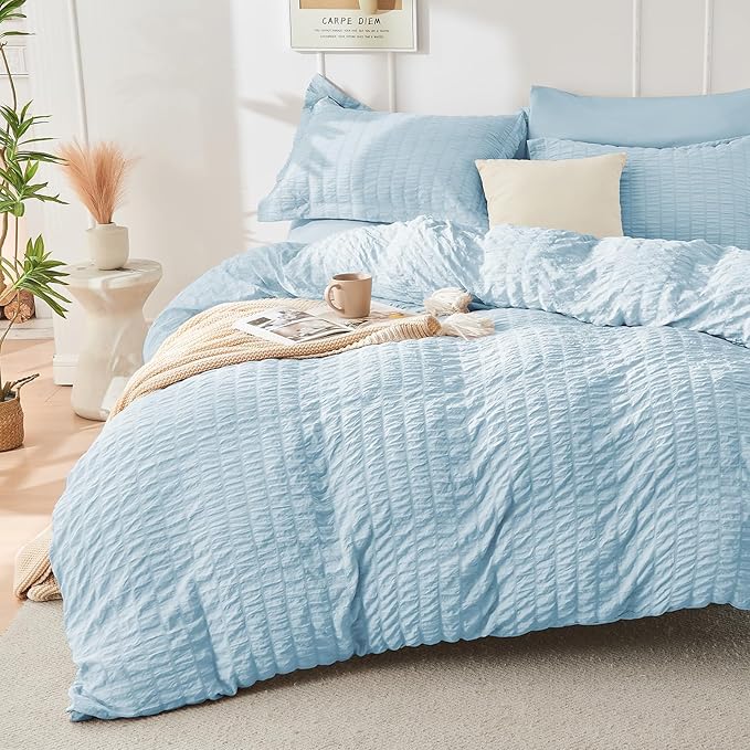 HYMOKEGE Lake Blue Duvet Cover Queen Size, Ultra Soft 3-Piece Seersucker Duvet by HYMOKEGE