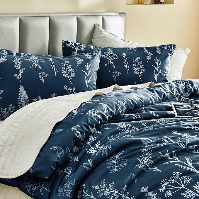 MUXHOMO Duvet Cover Full Size, Reversible Floral Navy Duvet Cover Set - Image 6