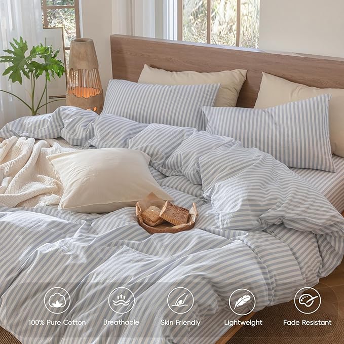 MooMee Striped Duvet Cover Set 100% Washed Cotton Linen Like Textured - Image 3