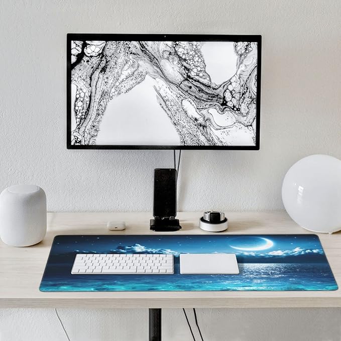 CANFLASHION Gaming Mouse Pad,Large Mouse Pads for Desk,Non-Slip Rubber Base Extended Mousepad,XXL Keyboard Mouse Mat,Computer Keyboard Desk Pad with Stitched Edges,35.4x15.8inch,Romantic Moon On Sea