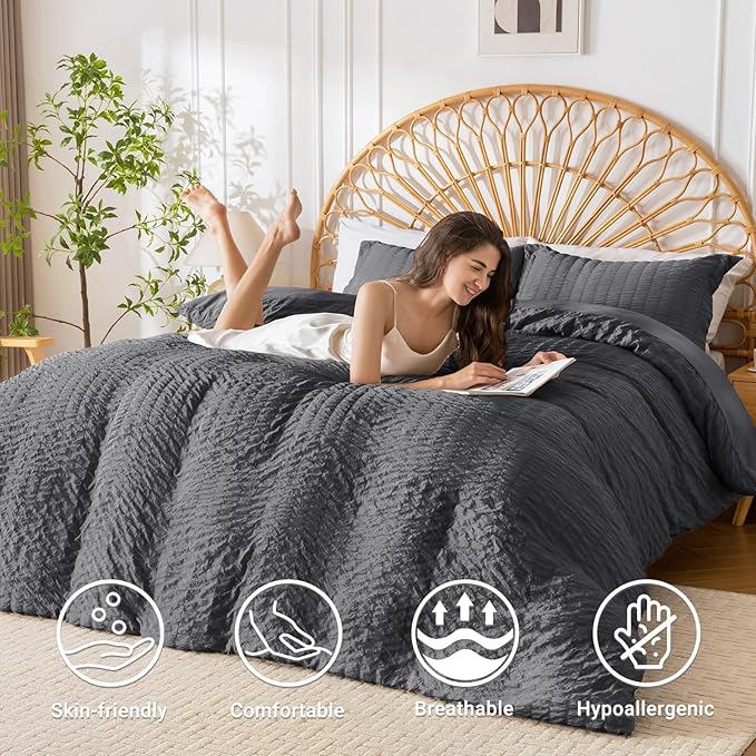 HYMOKEGE Dark Grey Duvet Cover Full Size, Ultra Soft 3-Piece Seersucker Duvet - Image 2