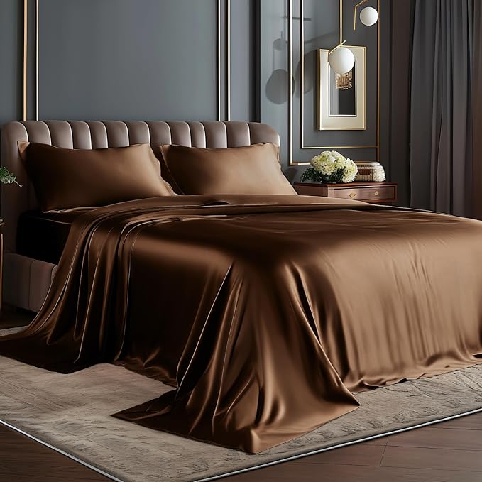 BEDELITE Satin Sheets Queen Size Bed Set, Luxury Soft Brown Silky Sheets by BEDELITE