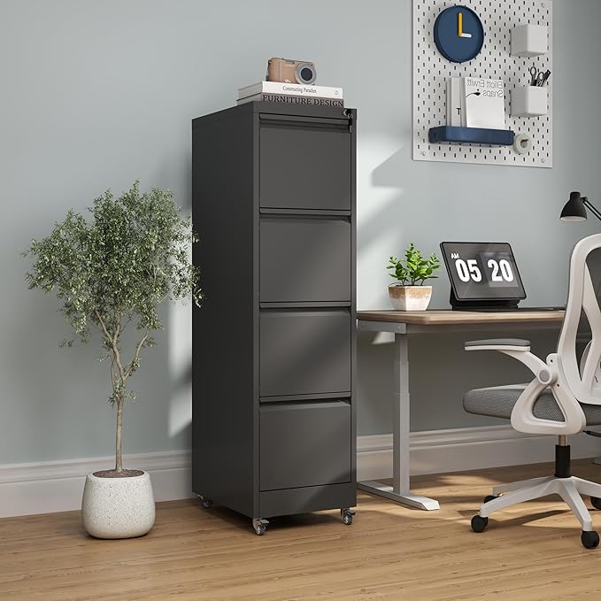 IKIMI 4 Drawer Locking File Cabinet with Wheels,Black Metal Mobile Filing Cabinets,Vertical File Cabinet for Home Office,Rolling Storage Cabinet for A4/Letter/Legal Size File,Assembly Required