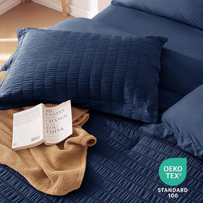MUXHOMO 7 Pieces King Comforter Set, Seersucker Bed in a Bag King Size - Image 9