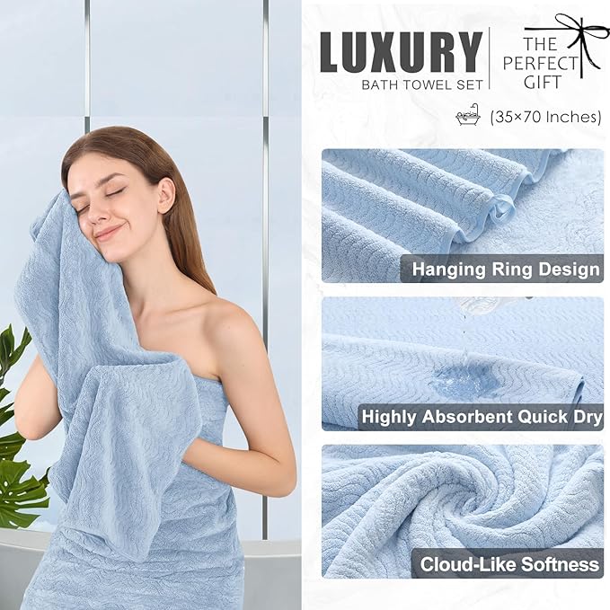 4 Piece Extra Large Bath Towel 35"x70" Oversized Bath Sheet Blue Bath Towel Set - Image 3