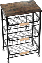 NiuYichee 4-Layer Fruit Basket Kitchen Food Organizer and Rack, Stackable Storage Cart with Desktop, Pull-Out Hollow Metal Basket, Sliding Out Storage (Black 4-Layer Rack)