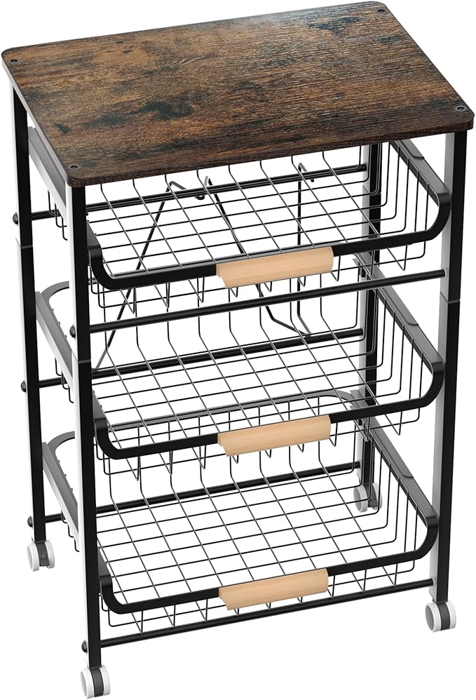NiuYichee 4-Layer Fruit Basket Kitchen Food Organizer and Rack, Stackable Storage Cart with Desktop, Pull-Out Hollow Metal Basket, Sliding Out Storage (Black 4-Layer Rack)