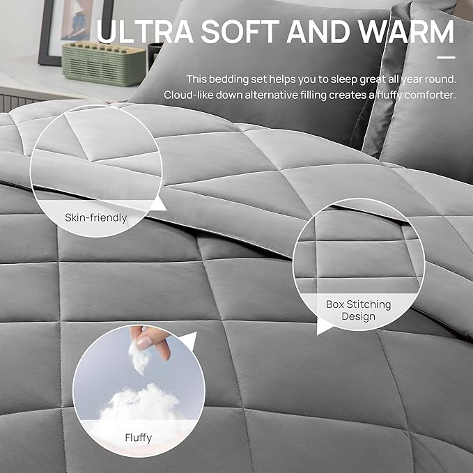 Love's cabin King Size Comforter Set Grey, 7 Pieces King Bed in a Bag, All - Image 5