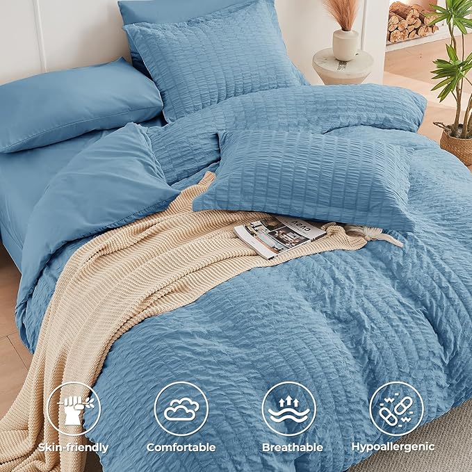 HYMOKEGE Mineral Blue Twin Comforter Set Seersucker 5 Pieces, All Season Luxury - Image 3