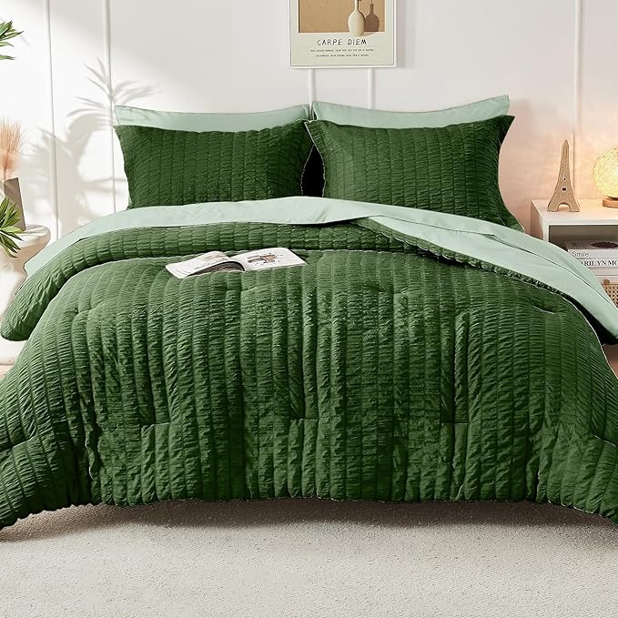 HYMOKEGE Dark Green/Sage Green Twin Comforter Set Seersucker 5 Pieces, All - Image 9