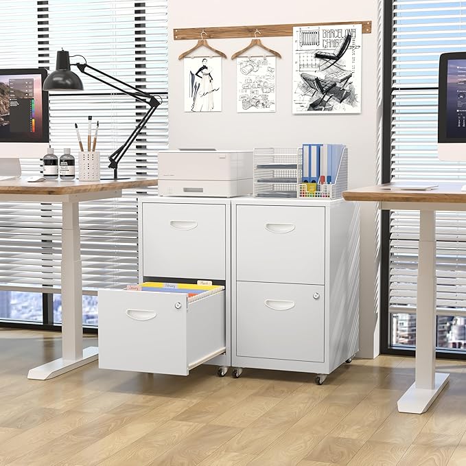 Kubohogar 2 Drawer Mobile File Cabinet with Lock, White Metal Filing Cabinets with Wheels, Vertical Rolling File Cabinet Fit Hanging Files, Letter and A4 Documents