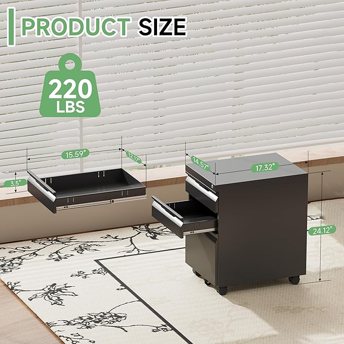 LONGLINK 3 Drawer Mobile File Cabinet with Lock,Under Desk Metal Filing Cabinets with Wheels for Home Office Organizer Letters/Legal/A4(Easy Assemble-Black)