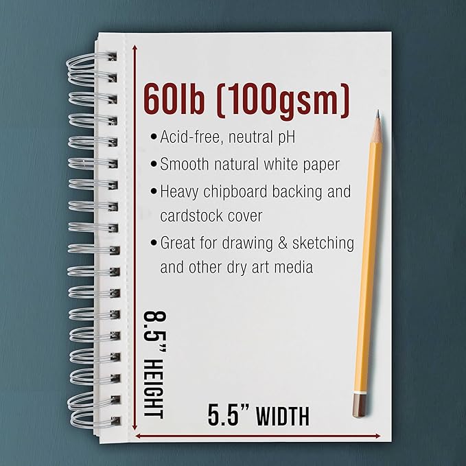 U.S. Art Supply 5.5"x8.5" Sketch Book Pad, 3 Pack (100 Sheets Each), 60lb (100gsm) Spiral Bound - Sketching, Drawing Pad, Acid-Free Paper - Sketch Pads for Adults, Students: Colored Pencils, Charcoal