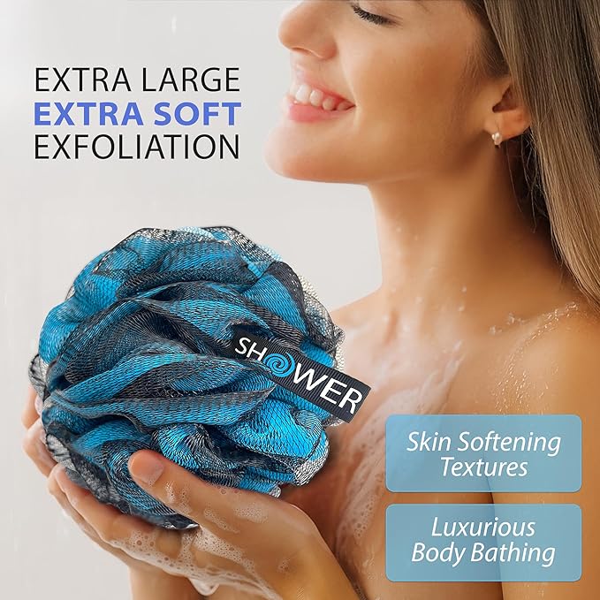 SHOWER BOUQUET Loofah-Charcoal Bath-Sponge XL-4-Pack-Blue-Green // Extra Large - Image 2