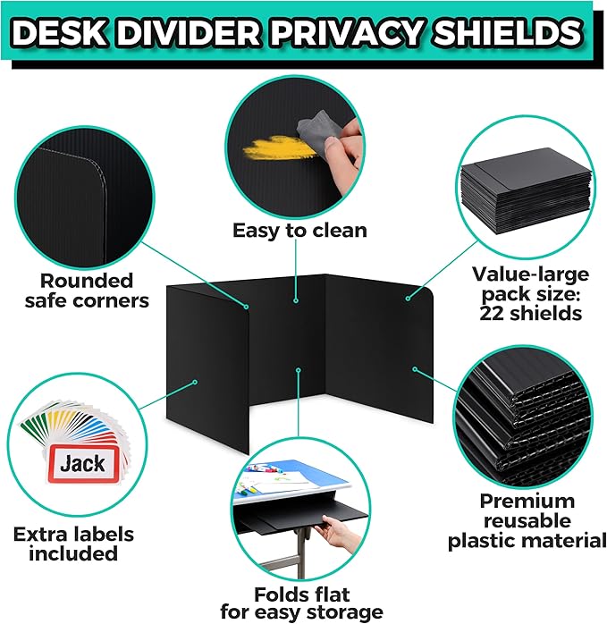 22-Pack Desk Dividers for Students - Durable & Waterproof Plastic Study Carrel Divider, Classroom Folders Teacher Supplies, Easy-to-Clean Plastic Privacy Shield Folder Boards for Student Desks, Black