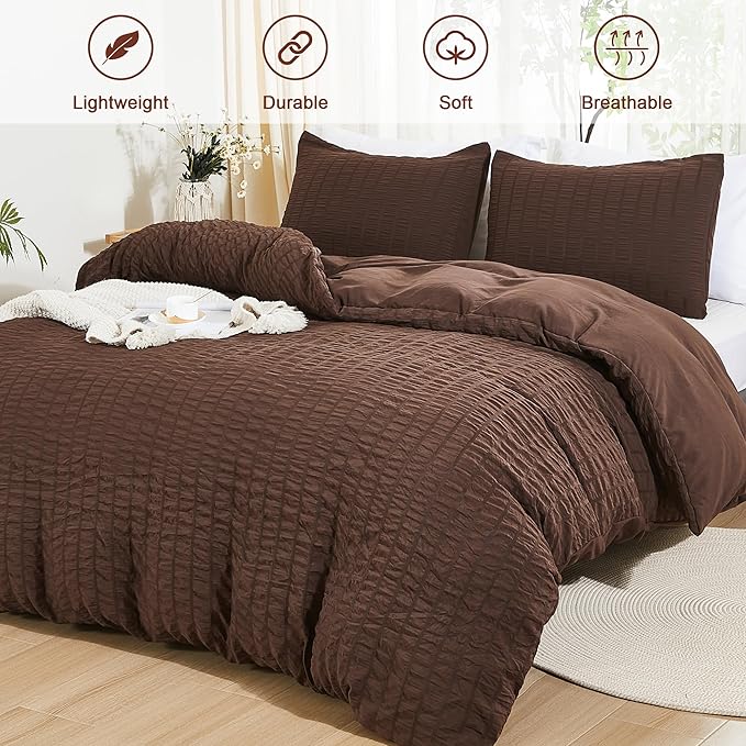 AveLom Brown Duvet Cover King, 3 Pieces, Seersucker Striped Soft Washed - Image 2