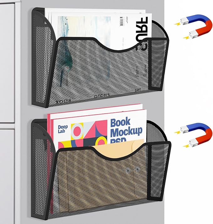 LQPAFZ Magnetic File Holder 2 Pockets File Folder Organizer, Office Hanging Magazine Rack for Refrigerator, White Board, No Drilling Paper Document Holder Mail Organizer for File Cabinets