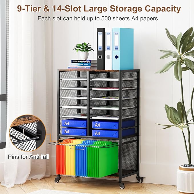 EasyPAG Rolling File Cart with 14 Slot Mail Organizer, Under Desk Storage with Hanging File Rack for Letter/Legal Folders, Mobile Filing Cabinet Printer Stand for Office Home Classroom, Black