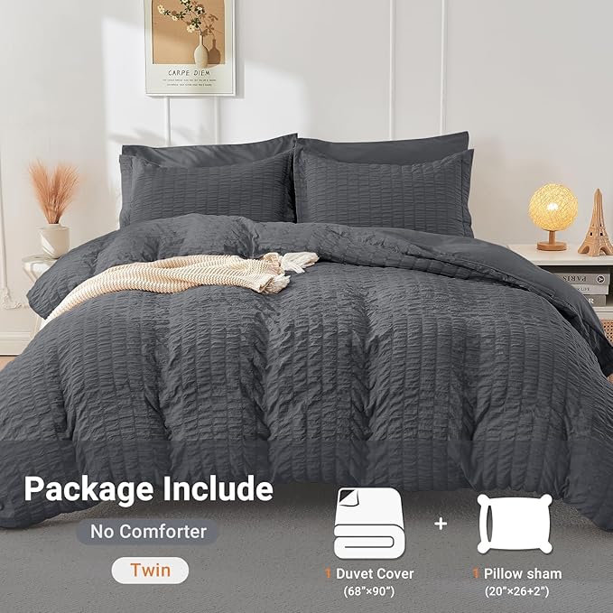 HYMOKEGE Dark Grey Twin Size Duvet Cover, Ultra Soft 2-Piece Seersucker Duvet - Image 6
