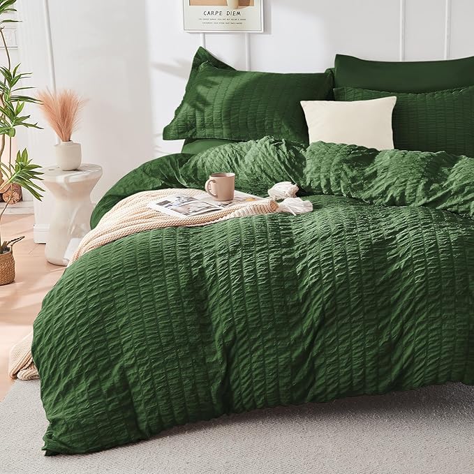 HYMOKEGE Dark Green Queen Comforter Set Seersucker 7 Pieces, All Season Luxury - Image 2