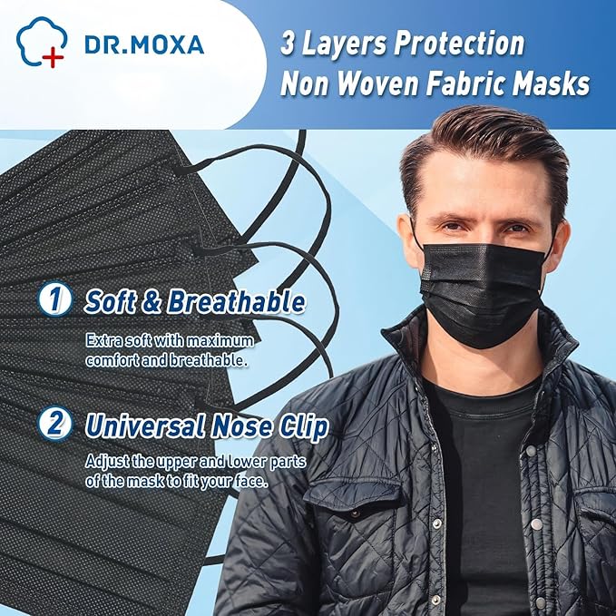 100 Pack Medical Grade Black Disposable Face Masks-Protective 3 Ply Face Mask - Image 4