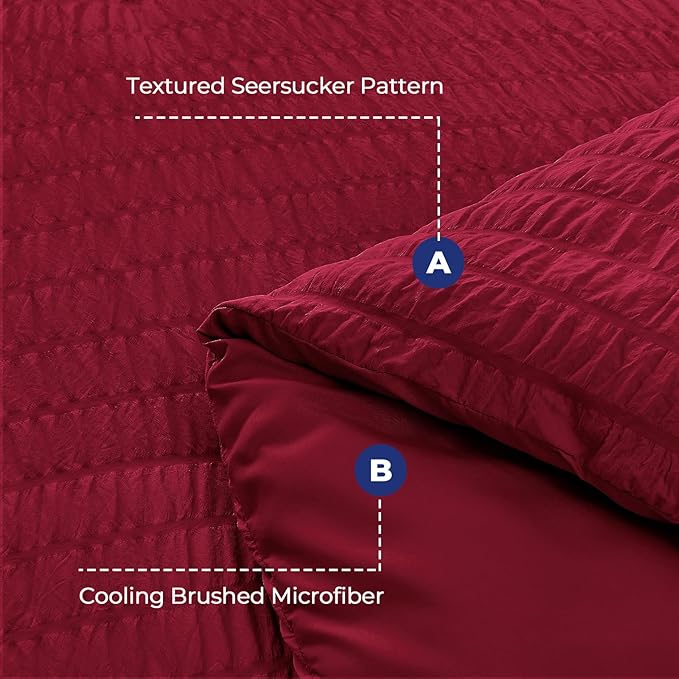 HYMOKEGE Burgundy Duvet Cover King Size, Ultra Soft 3-Piece Seersucker Duvet - Image 3