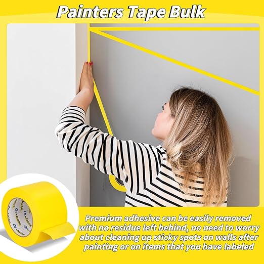 Oleitodh 12 Rolls Yellow Painters Tape Bulk 3 inch x 60 Yards, Painters Masking Tape No Residue Wall Painting Tape Artist Tape Trim Edge Finishing Tape for Wall Painting Decoration DIY Supplies