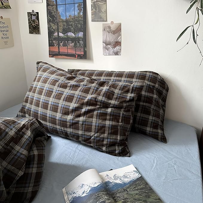 mixinni Vintage Brown & Blue Buffalo Plaid Duvet Cover Set Twin XL Size - Image 6