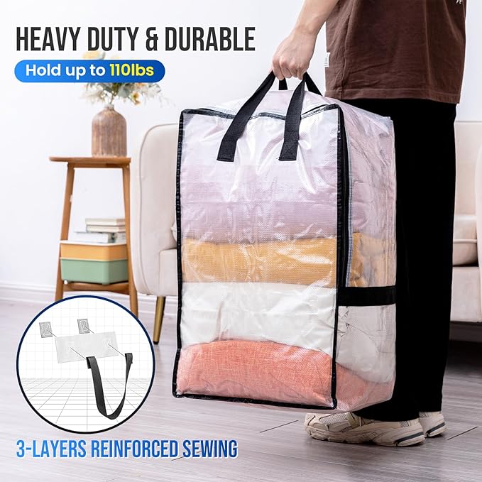 TAILI 2 Pack Clear Moving Bags w/Adjustable Backpack Straps, Moving Supplies, Moving Boxes Alternative, Heavy Duty Storage Totes for College Packing, Camping Backpack for Travel, Dorm, Laundry