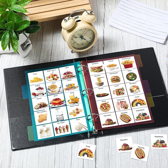 Communication Book Bulk 162 Laminate Icon Picture Cards with 5 Multicolor Dividers 1 Sentence Strip for Autism Vocabulary Language Speech Articulation Learning Supplies(Real)