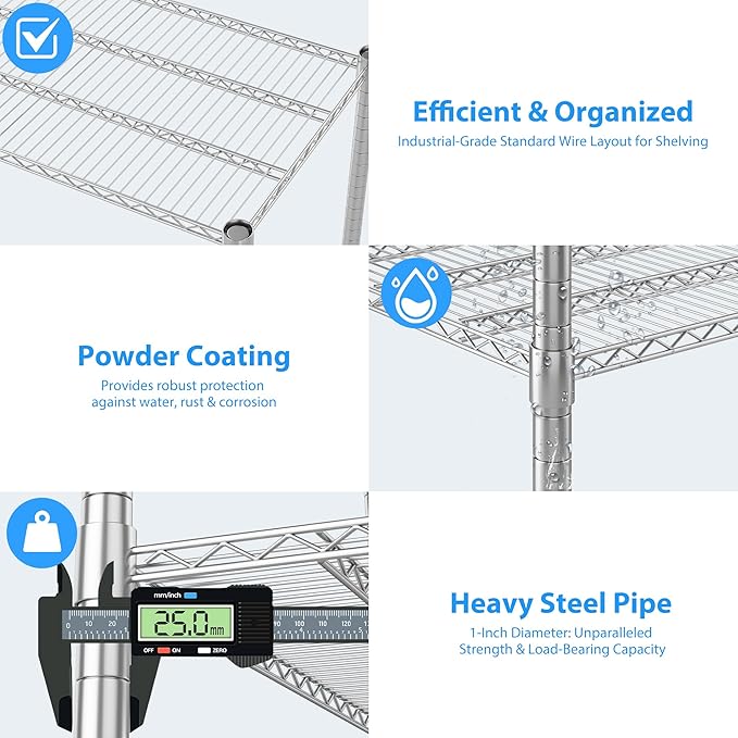 Homdox 4-Tier Heavy Duty Metal Shelves with Wheels - 2400LBS Commercial Adjustable Shelves for Garage, Pantry, Kitchen - 24"x60"x72", Chrome