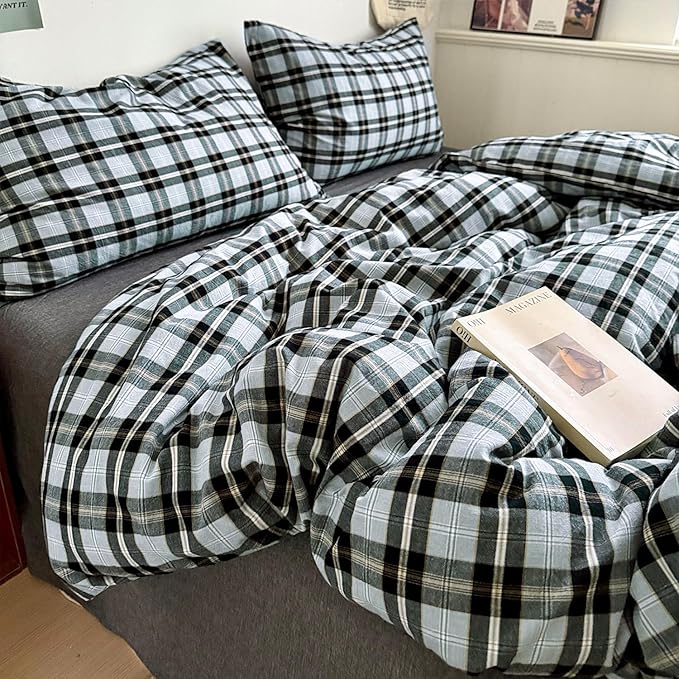 mixinni Vintage Grey & Pale Blue Buffalo Plaid Duvet Cover Set King Size - Image 6