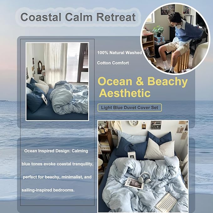 mixinni 100% Washed Cotton Duvet Cover Set King Size, Solid Light Blue Ocean - Image 6
