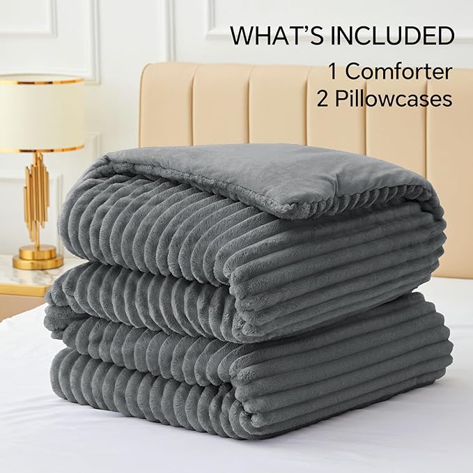 BEDELITE Fleece King Comforter Set -Super Soft & Warm Fluffy Grey Bedding - Image 6