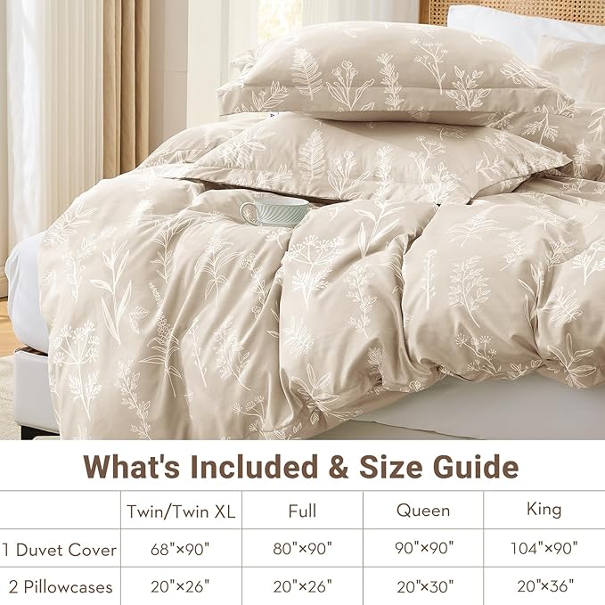 MUXHOMO Duvet Cover Full Size, Reversible Floral Beige Duvet Cover Set - Image 6