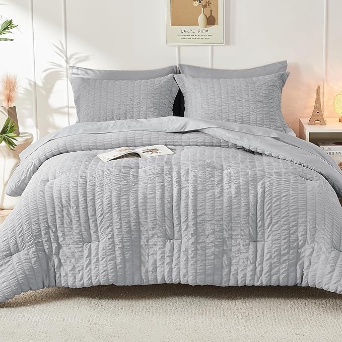 HYMOKEGE Light Grey Queen Comforter Set Seersucker 7 Pieces, All Season Luxury - Image 9