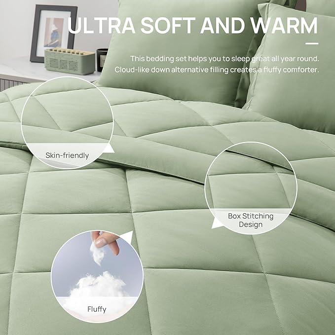 Love's cabin California King Comforter Set Sage, 7 Pieces California King Bed - Image 5