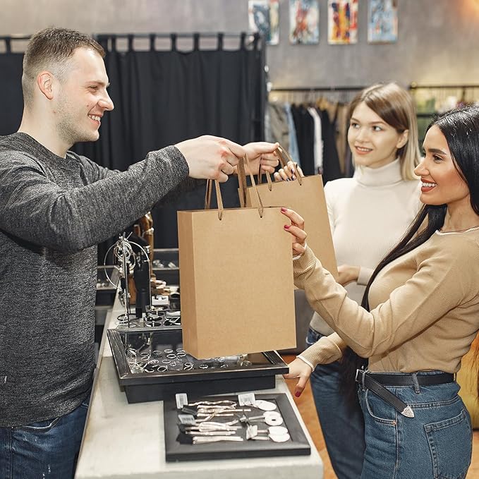 BagDream Brown Gift Bags with Handles 8x4x11 Inch 50pcs Brown Kraft Paper Bags Bulk, Medium Birthday Wedding Party Shopping Retail Merchandise Paper Sacks