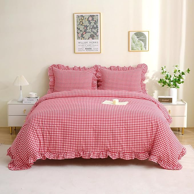 Silnuo Red/White Checkered Ruffle 3-Piece Duvet Cover Set Queen Size, Washed - Image 2