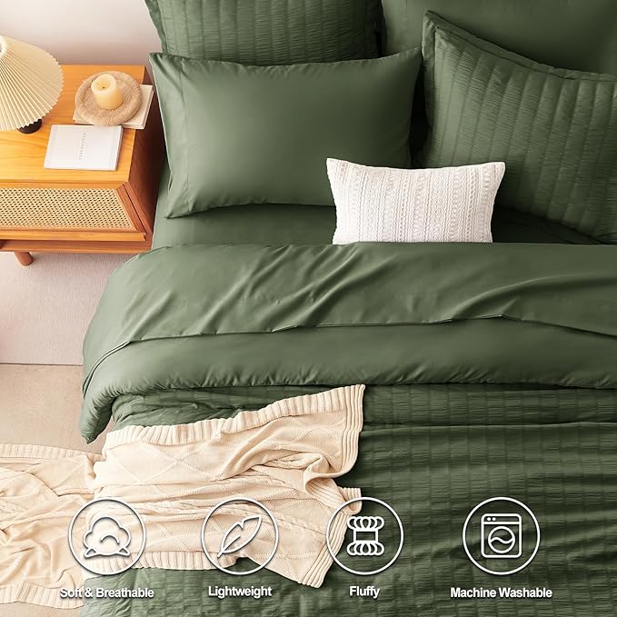 CozyLux Oversized King Comforter Set Olive Green Seersucker 7 Pieces Bed in a - Image 2
