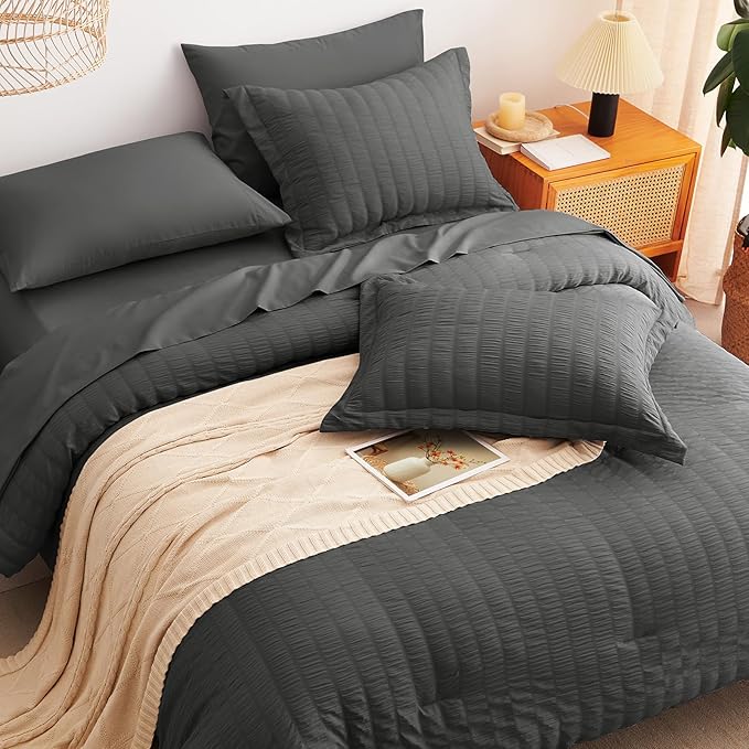 CozyLux Queen Comforter Set Dark Grey Seersucker 7 Pieces Bed in a Bag Queen - Image 6