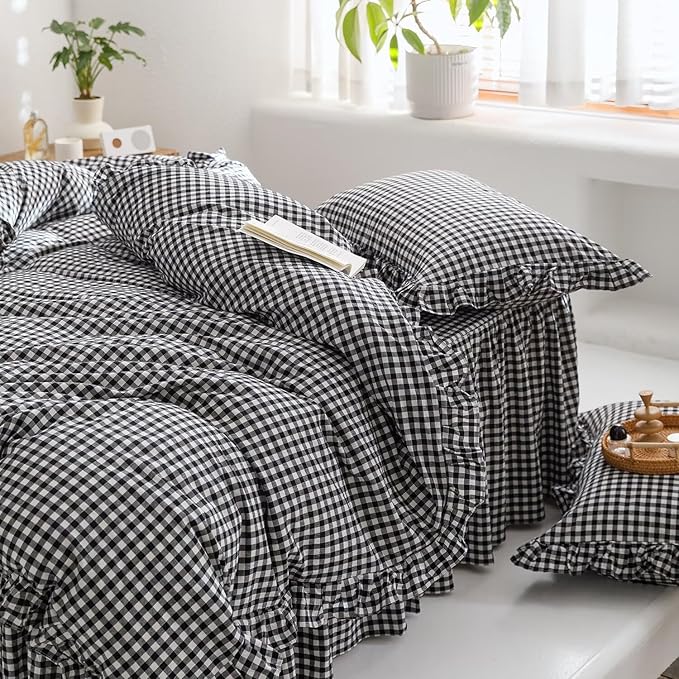 mixinni Black White Gingham Ruffle Duvet Cover Twin XL Size 3 Pieces – 100% - Image 4