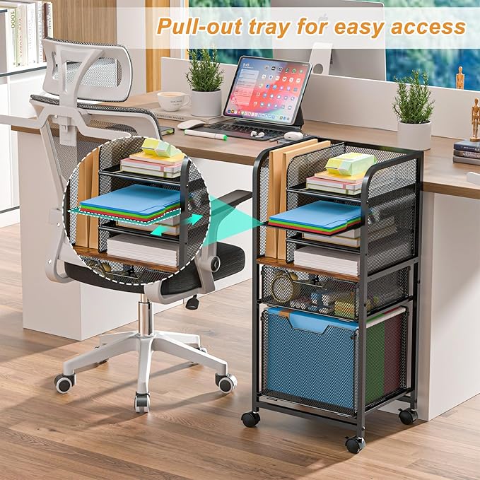 Feyejade 6-Tier Rolling File Cart with 2 Drawers, File Cabinet Organizer for Hanging File Folders, Letter-Size File Storage with Wheels, Multi-Layer Mobile Filing Cabinet for Office and Home